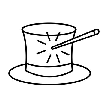 Magician top hat with magic wand and sparkles black vector icon