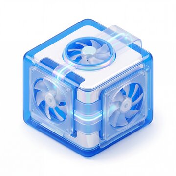 3D glossy layered computer fan assembly with translucent blue and white panels