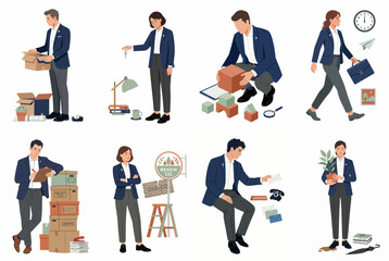 Obraz premium Vector illustration set of business characters in suits performing various office tasks, packing boxes, and walking to work on a white background.