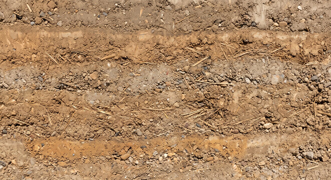 Horizontal layers of compacted soil and straw in rammed earth wall texture