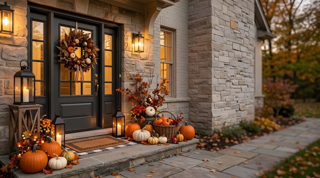Cozy autumn front porch decorated with pumpkins and lanterns for fall seasonal home decor