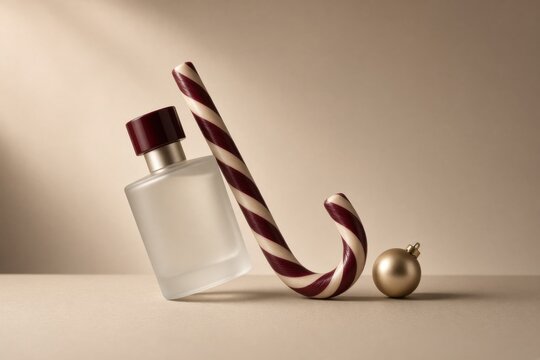 Luxury Christmas product still life featuring a frosted cosmetic bottle and striped candy cane on a warm beige background with a gold Christmas ornament.