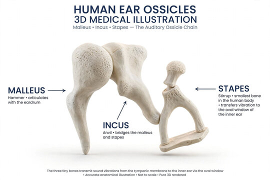 Human Ear Ossicles Malleus Incus Stapes 3D Medical Illustration