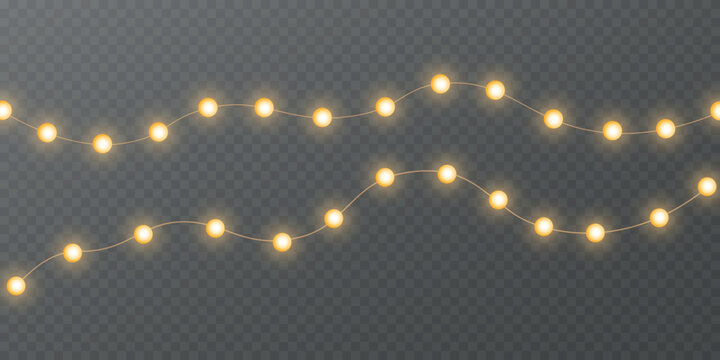 String of warm yellow Christmas fairy lights with glowing bulbs and soft reflections, curved wave garland on transparent background.