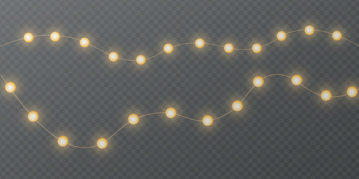 String of warm yellow Christmas fairy lights with glowing bulbs and soft reflections, curved wave garland on transparent background.