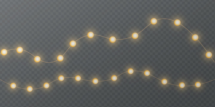 String of warm yellow Christmas fairy lights with glowing bulbs and soft reflections, curved wave garland on transparent background.
