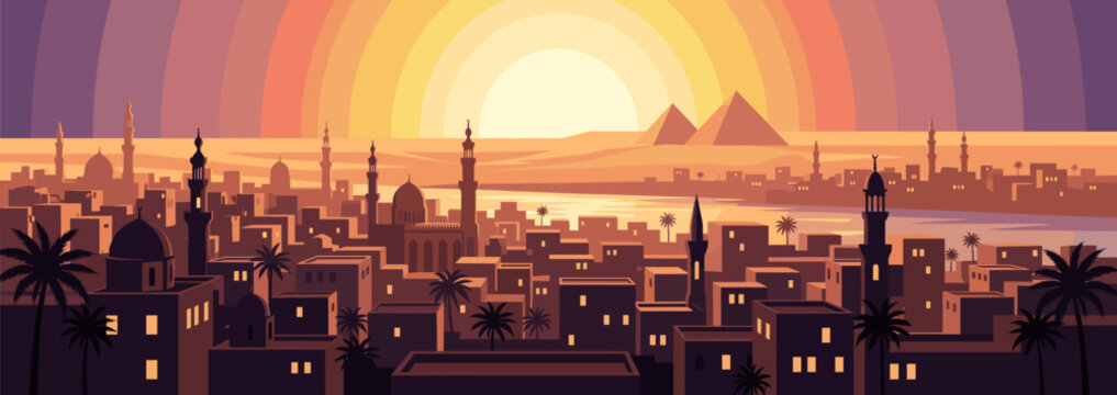 Stylized vector illustration of Cairo city skyline with pyramids at sunset.