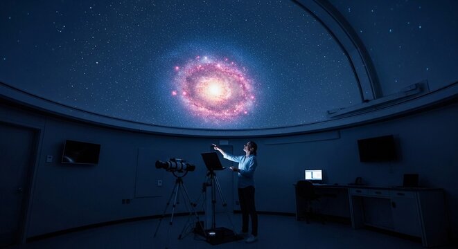 Teacher guiding students in a planetarium with a projected galaxy and stars, fostering space education and scientific exploration.