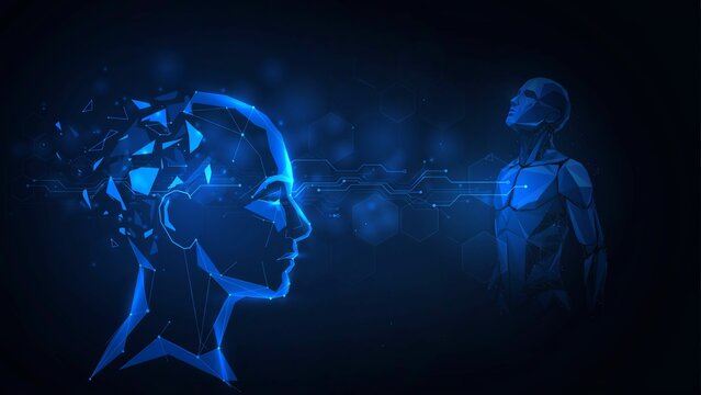 Human head silhouette dissolving into digital fragments and a standing cybernetic figure connected by glowing blue circuitry lines and nodes