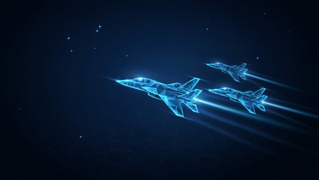 Three futuristic fighter jets flying in formation created with glowing blue wireframe lines on a dark digital background with stars