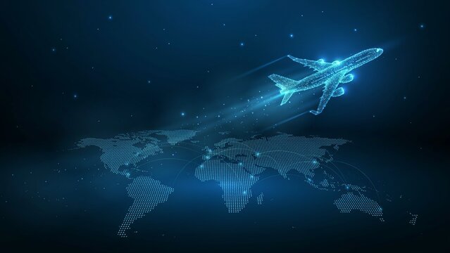 Digital glowing airplane flying above a dotted world map created with blue particles symbolizing international travel and global connectivity networks
