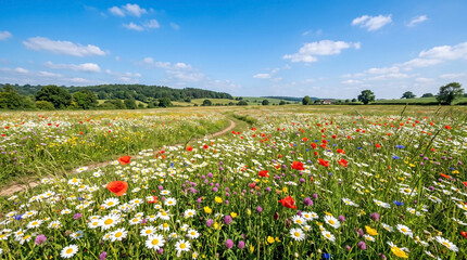 Obraz premium Vibrant flower meadow with open field of red poppies and white daisies under sunny sky. Blooming flower meadow displays colorful wildflowers in green grass. Wild flower meadow background for summer.