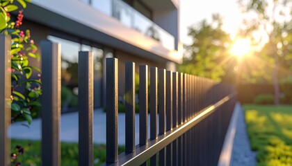 Fototapeta premium Modern dark metal fence of luxury residential house at sunset