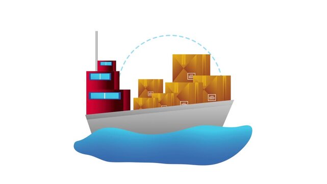 Animated cargo ship carrying delivery boxes on blue waves representing global maritime logistics and international sea freight transport.