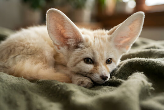 Cute Fennec fox resting on a green textured blanket indoors