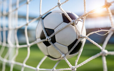 Naklejka premium Soccer ball hitting goal net on green field