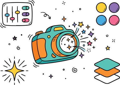 Cartoon camera, editing sliders, color swatches, and stacked layers sparkling effects keywords