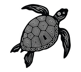 Fototapeta premium Sea turtle illustration with detailed shell pattern is a black silhouette