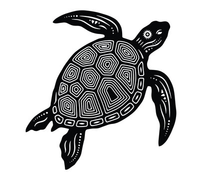 Sea turtle illustration with detailed shell pattern is a black silhouette