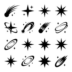 Collection of black celestial stars, orbits, and falling comet graphic icons © md shuvo1122