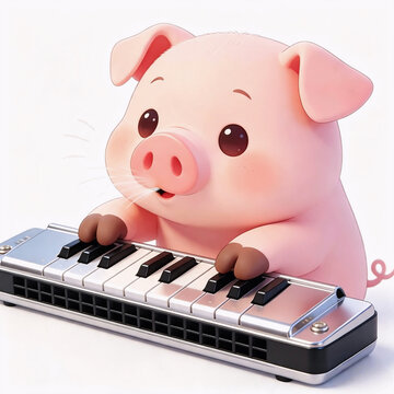 Cute 3D Cartoon Piglet Playing Whimsical Piano Harmonica Musical Instrument