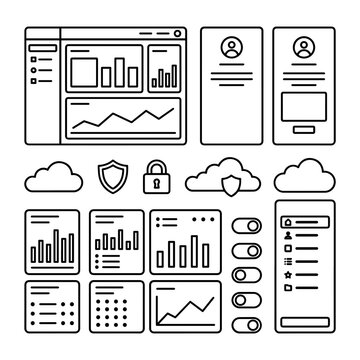 Business analytics dashboard wireframe and mobile app UI kit elements