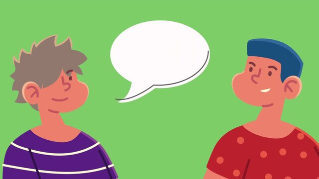 Animated characters engaging in dialogue with speech bubble on green background.