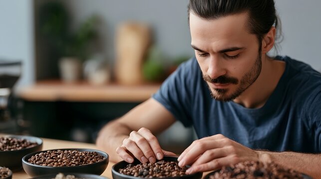 A man carefully examines coffee beans in bowls  focusing intently on their texture and color in a softly lit indoor setting