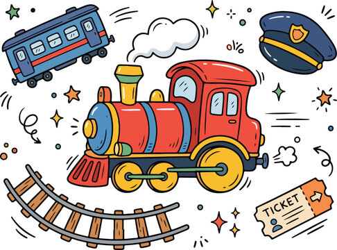 Playful cartoon train with passenger car, ticket, hat, tracks, and sparkling stars.keywords