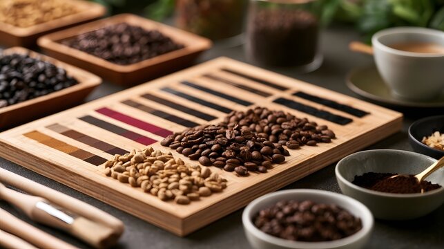 Coffee beans displayed on a wooden board with color gradient for roast level comparison  surrounded by various coffee prepa n tools and samples