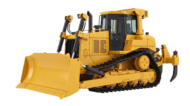 Yellow bulldozer with large blade and isolated on png transparent background