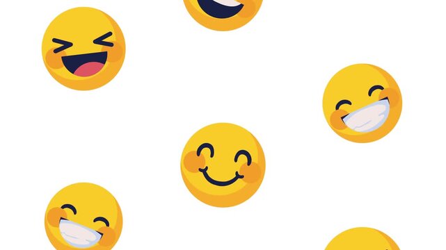 Dynamic motion of multiple happy emoji faces floating and smiling on white background creating an expressive and cheerful visual experience.