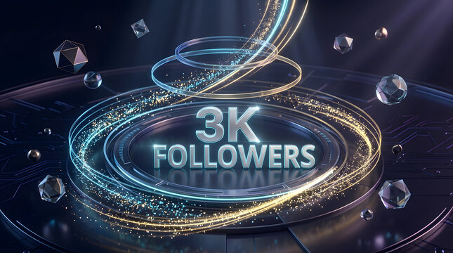 3K Followers Celebration Badge With Futuristic Digital Rings, Sparkling Particles and Social Media Milestone