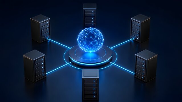 Central Network Wireframe Sphere Connected To Server Racks Representing Global Cloud Computing Infrastructure