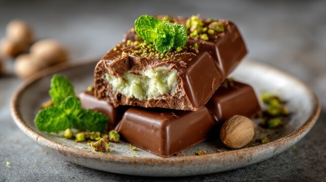 This visually enticing image features rich chocolate bars layered with a minty filling, adorned with pistachios, evoking indulgence and gourmet pleasure.