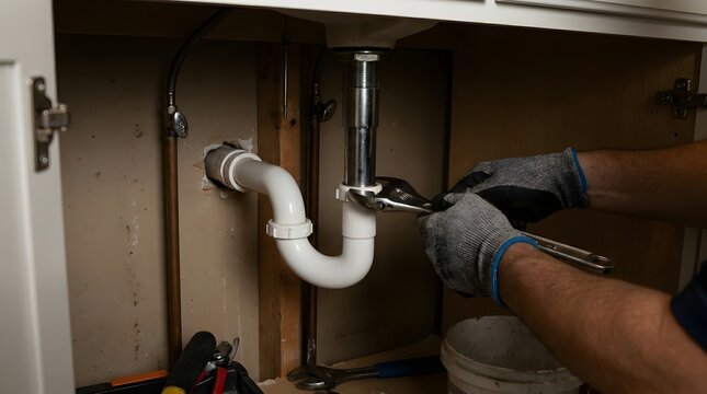 Professional plumber repairing kitchen sink drain pipe with adjustable wrench tool