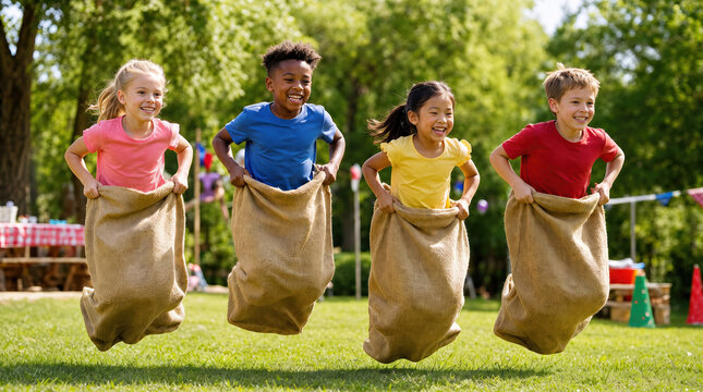 Happy multiracial children competing in sack race outdoors, kids jumping in potato sacks during summer field day, school sports and active play