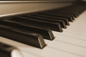 Classic black and white piano keys close up view in warm indoor lighting © Nazar