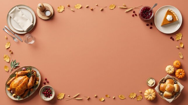 Top view of a festive thanksgiving dinner table setting with roasted turkey pumpkin pie and autumn decorations on background