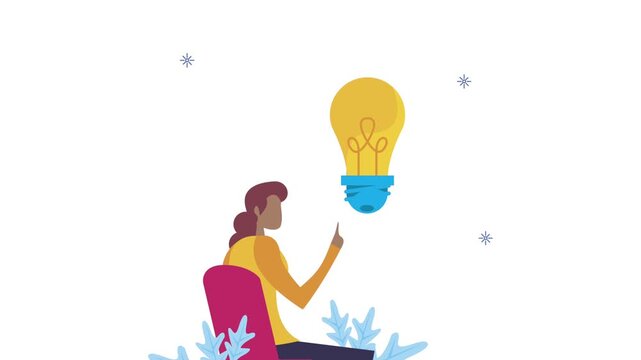 Flat animation of businesswoman with creative light bulb idea concept on white background.