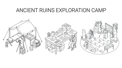 Fototapeta premium Ancient Ruins Exploration Camp CAD Line Art Designs Set, Editable CAD Vector Strokes Illustrations. containing archaeology, excavation, isometric, illustration, ruins, history and more 2D CAD Designs.