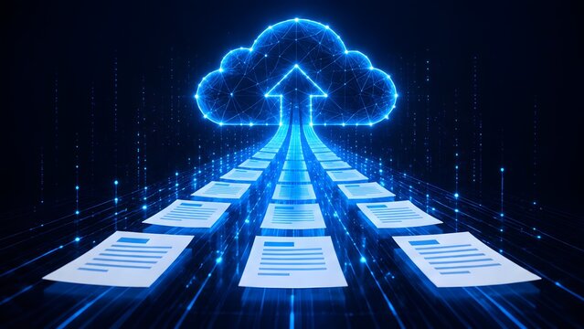 Digital Documents Uploading Into Glowing Wireframe Cloud Network Representing Enterprise Data Migration
