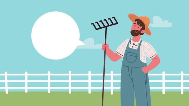 Animation of male farmer with rake standing in field with speech bubble.
