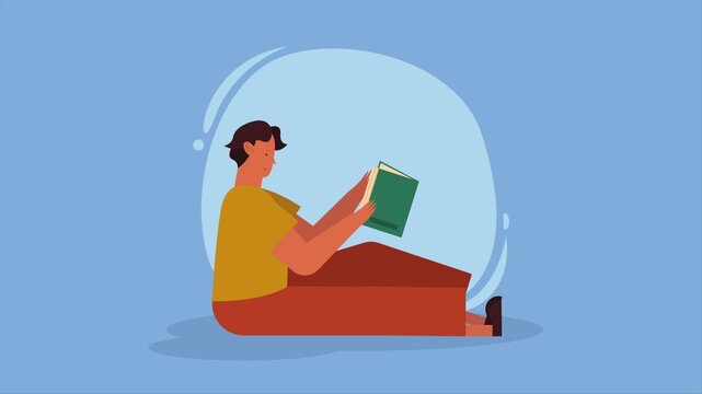 Young student sitting and reading green book animation on blue background in minimalist flat style.