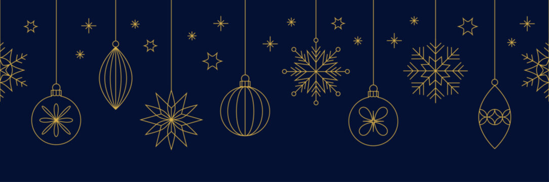 Vector christmas decorative border or seamless pattern with gold line art snowflakes, stars and ornaments on dark blue background