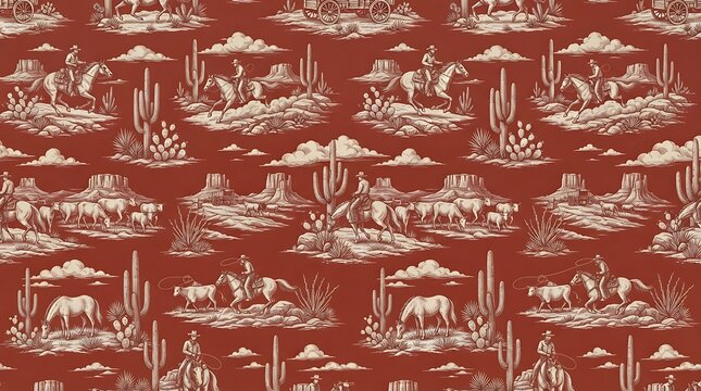 Seamless pattern featuring a vintage toile style design with western desert scenes on a deep red background