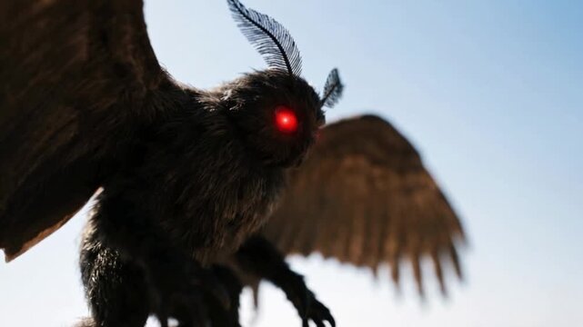 Mothman flying against a bright sky with copy space right