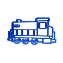 Glossy blue plastic diesel locomotive train side view isolated on black background, diesel train railway © MSTAMENA