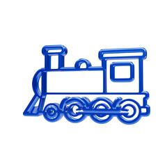 Glossy blue plastic steam locomotive train side view isolated on black background, steam train railway © MSTAMENA