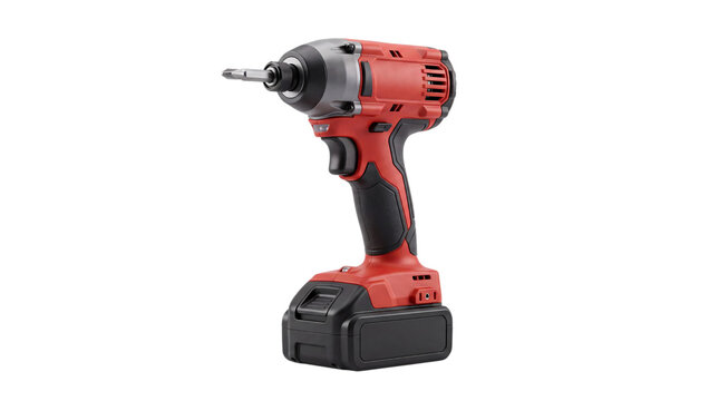 Red and black cordless impact driver with battery isolated on png transparent background